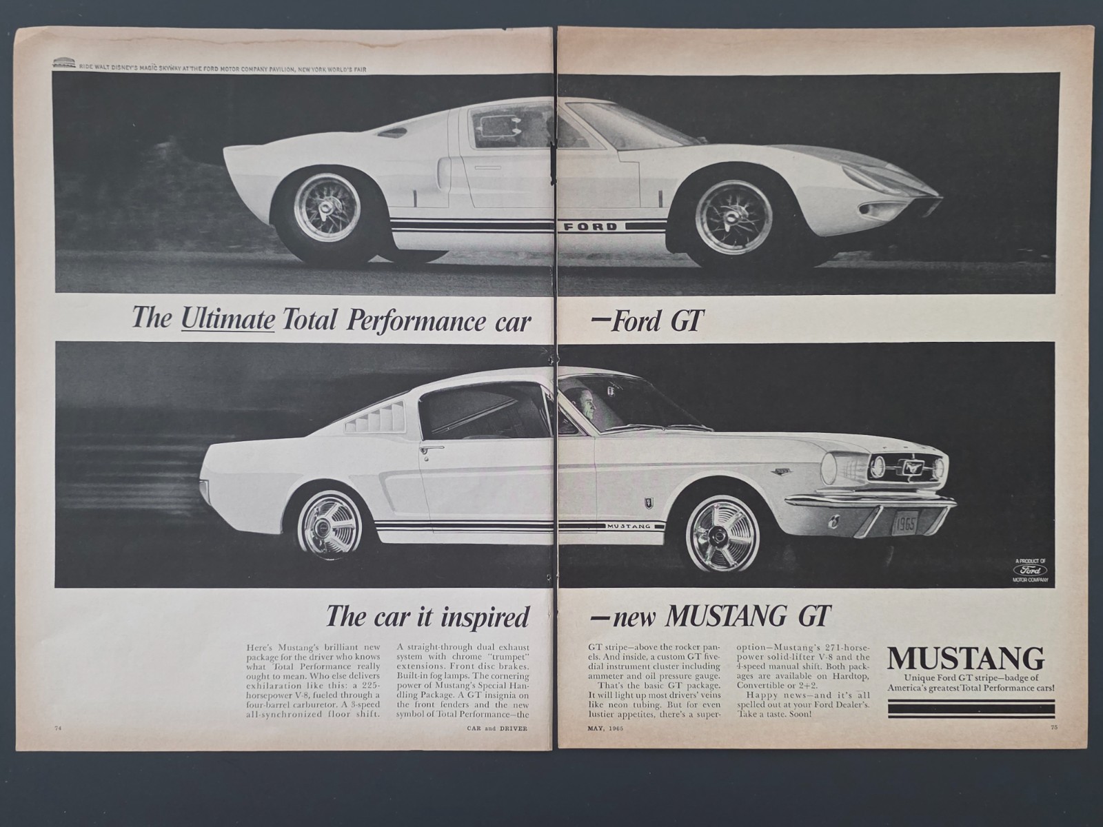 1965 PRINT AD Ford GT & Mustang GT 
