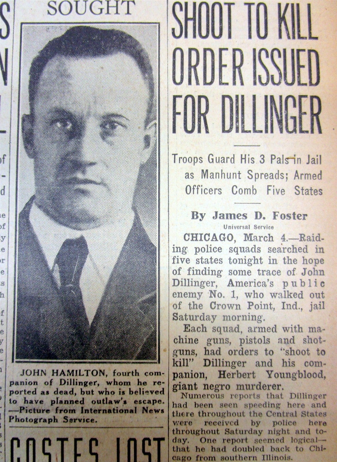 1934 newspaper JOHN DILLINGER ESCAPES frm CROWN POINT JAIL using FAKE WOODEN GUN