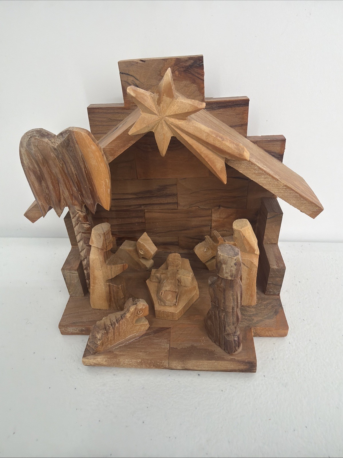 Carved Wooden Nativity Set Stable Shooting Star Manger Olive Wood Hand Crafted