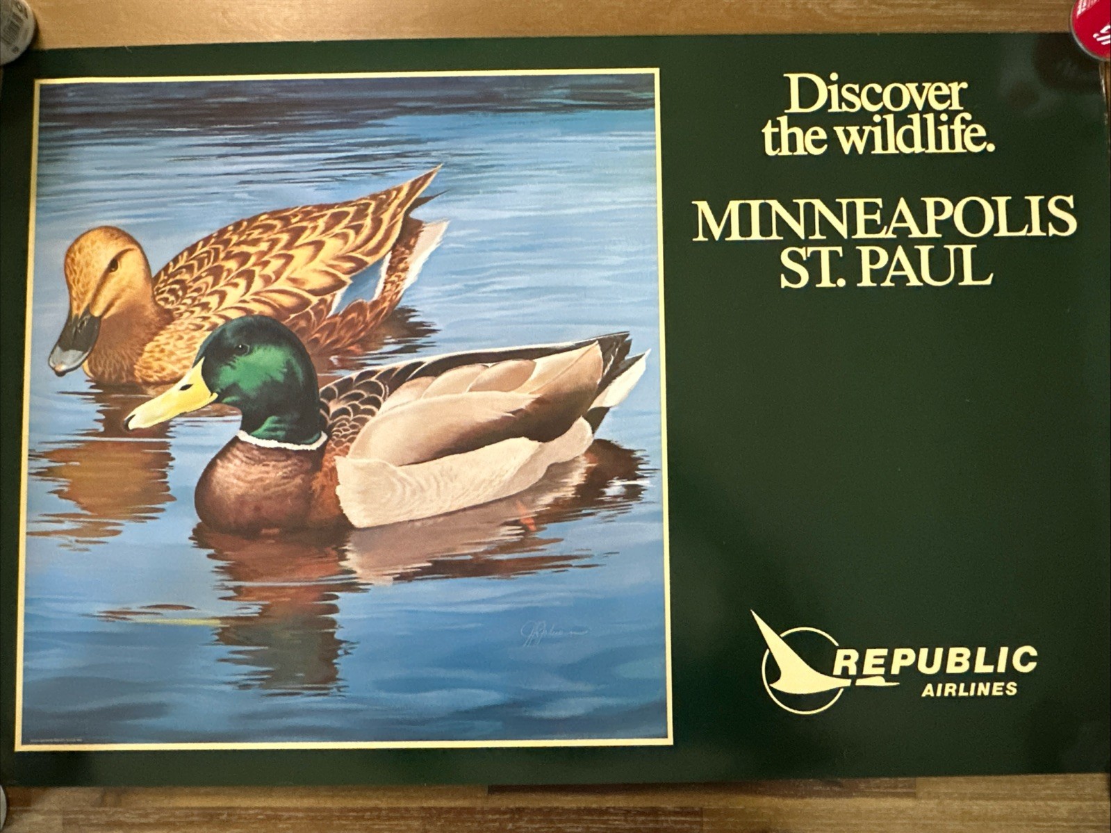 Republic Airlines Vintage 1982 Minneapolis St. Paul Wildlife Duck Poster Signed