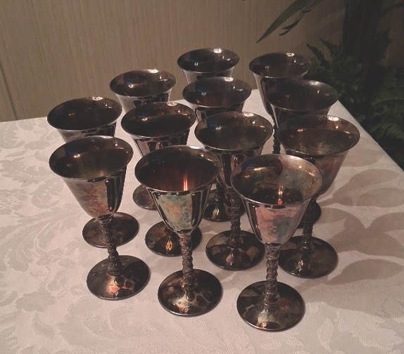 Vintage F.B. ROGERS 12 Silver-plate Cordial Twisted Stem Goblets Italy 1960-70s
