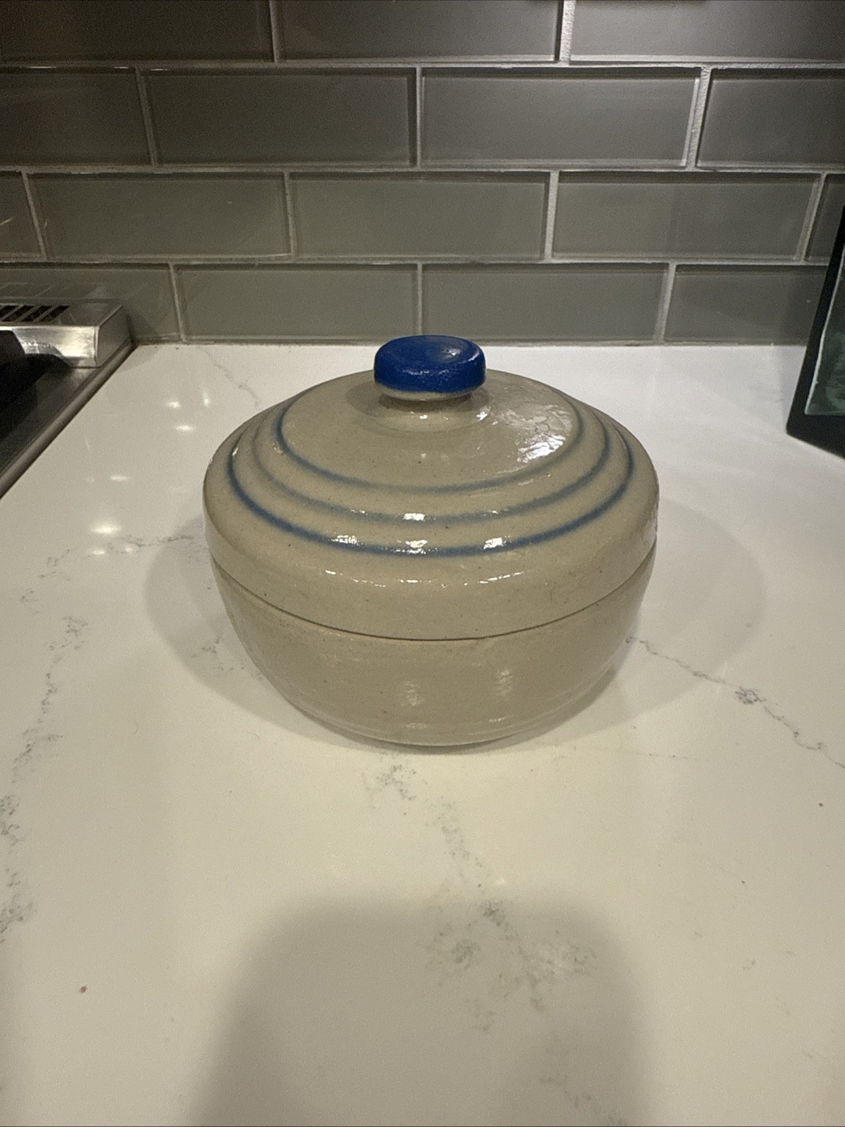 Vintage 5” W X 4” Tall  Stoneware Bowl W/ blue Glazed Accents.  Trinket.