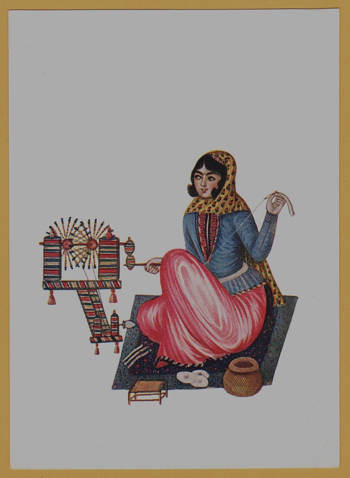 1936 Persia Persian Miniature Woman Spinning Wheel Iranian Art Postcard USSR