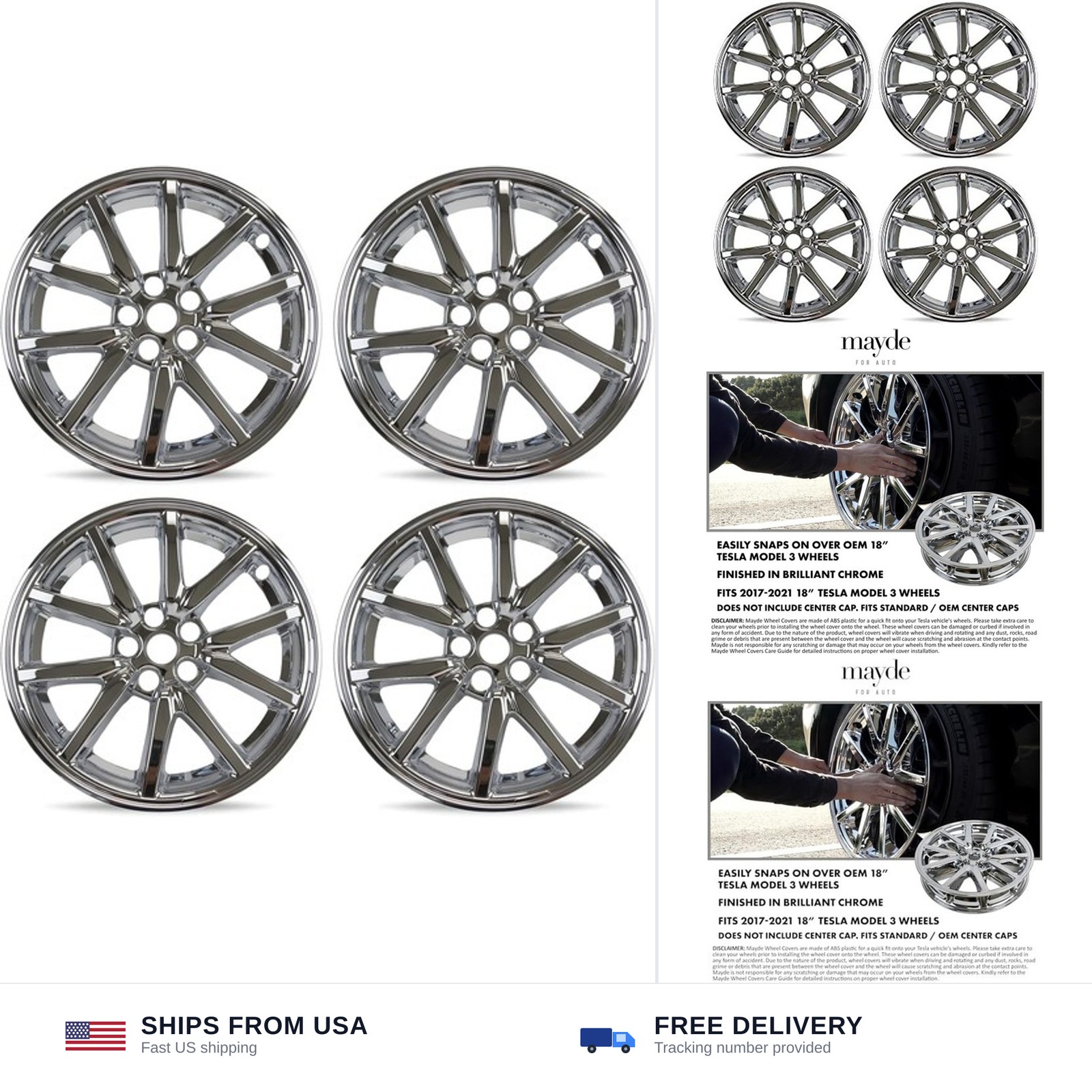 Mayde 18-Inch Hub Caps fits 2017-2023 Tesla Model 3, Set of 4, Chrome