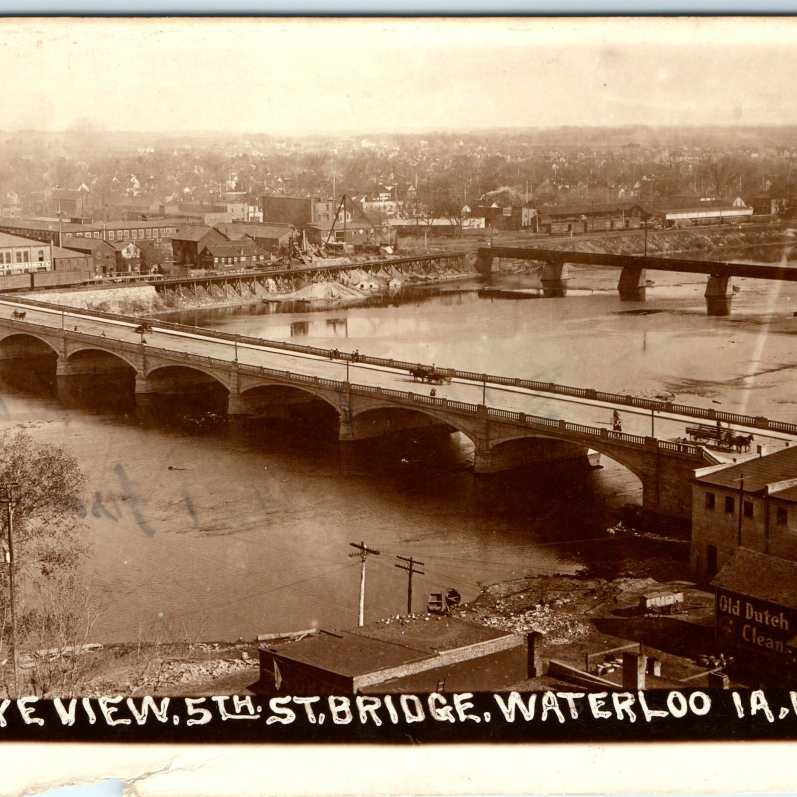 c1910s Waterloo, IA 5th St Bridge RPPC Bird's Eye Real Photo Carriage Postcard