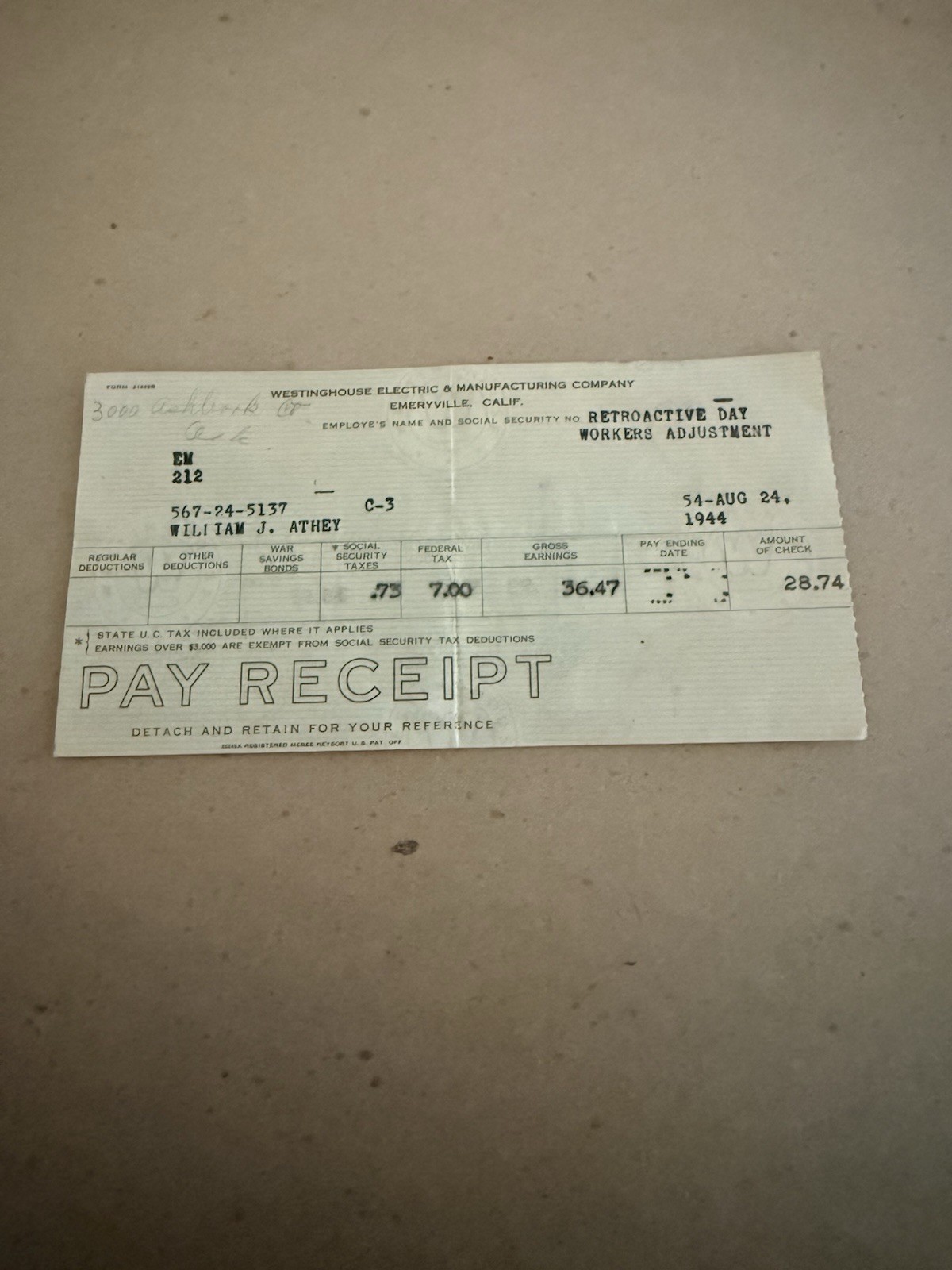 1944 WWII Westinghouse Emeryville CA War Worker Pay Receipt Home Front