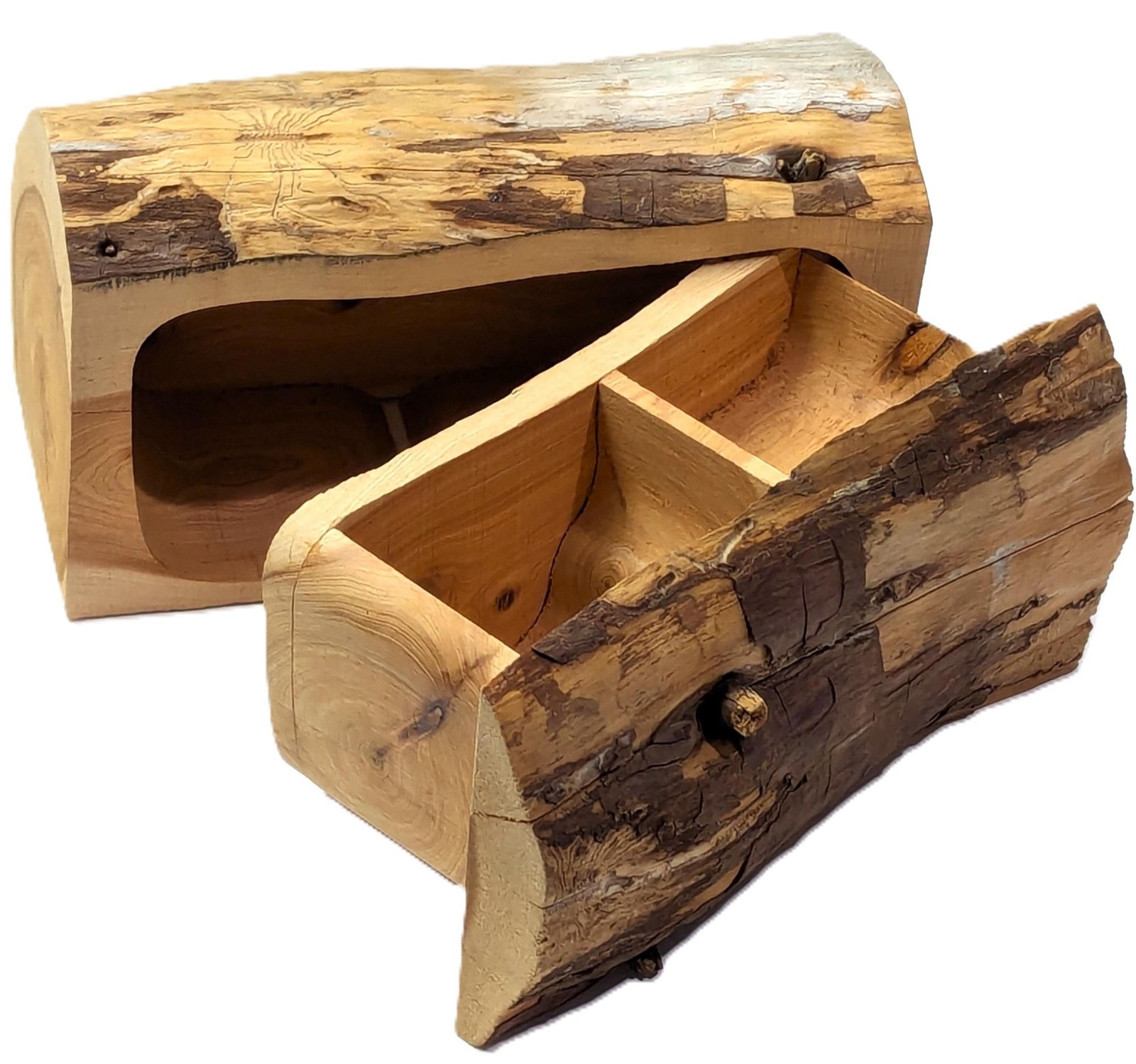 Vintage Hand Carved Organic Rustic handmade wooden chest with two small drawers,