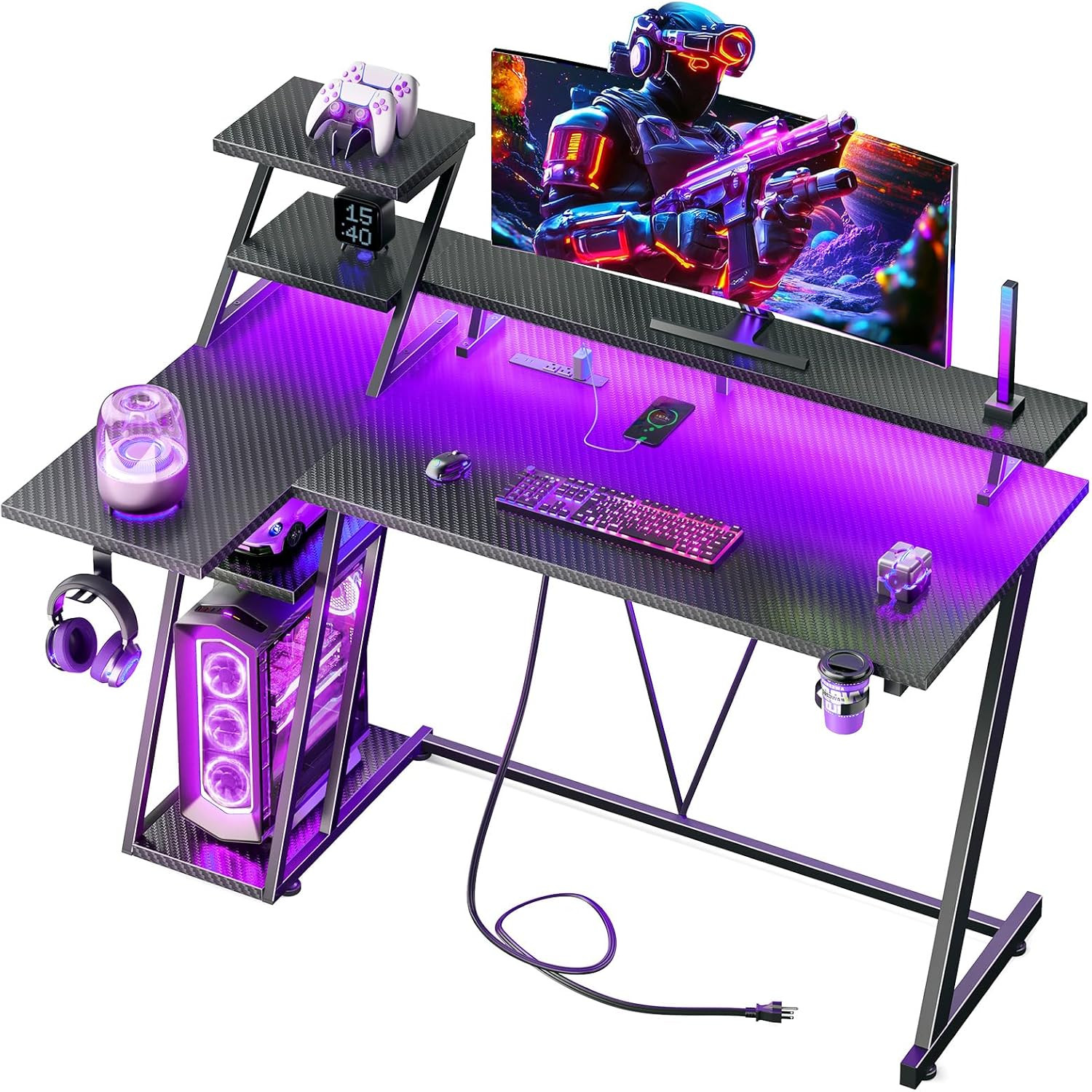 40 Inch Gaming Desk with LED Lights & Power Outlet, L Shaped Computer Gaming Tab