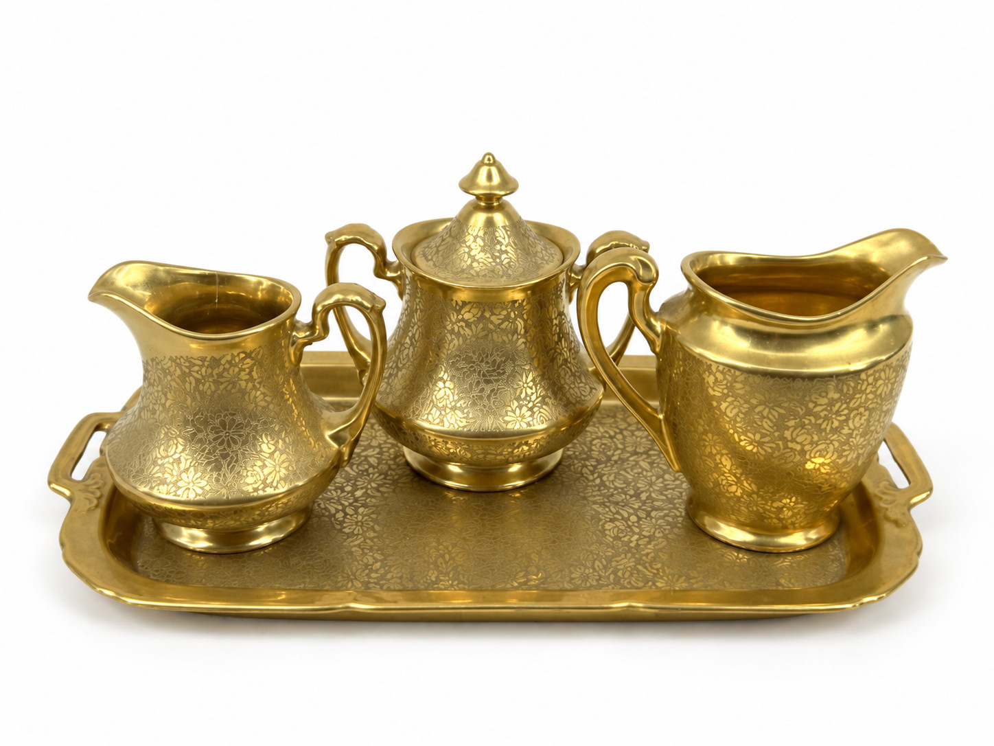Antique Gold Pickard Wheeling Tea Service Set TeaPot Creamer Sugar 5 Pc Tray