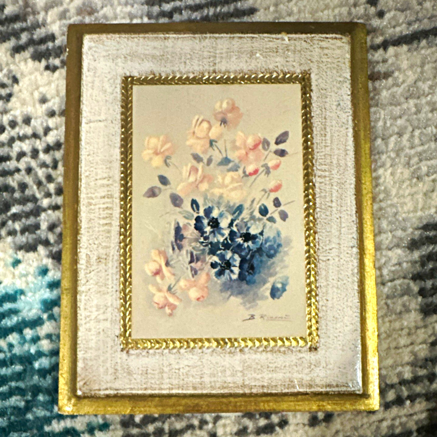 Vintage Mid Century Florentine Gilt Wood Floral Plaque B.Riasni Italy Art2.5x3.5