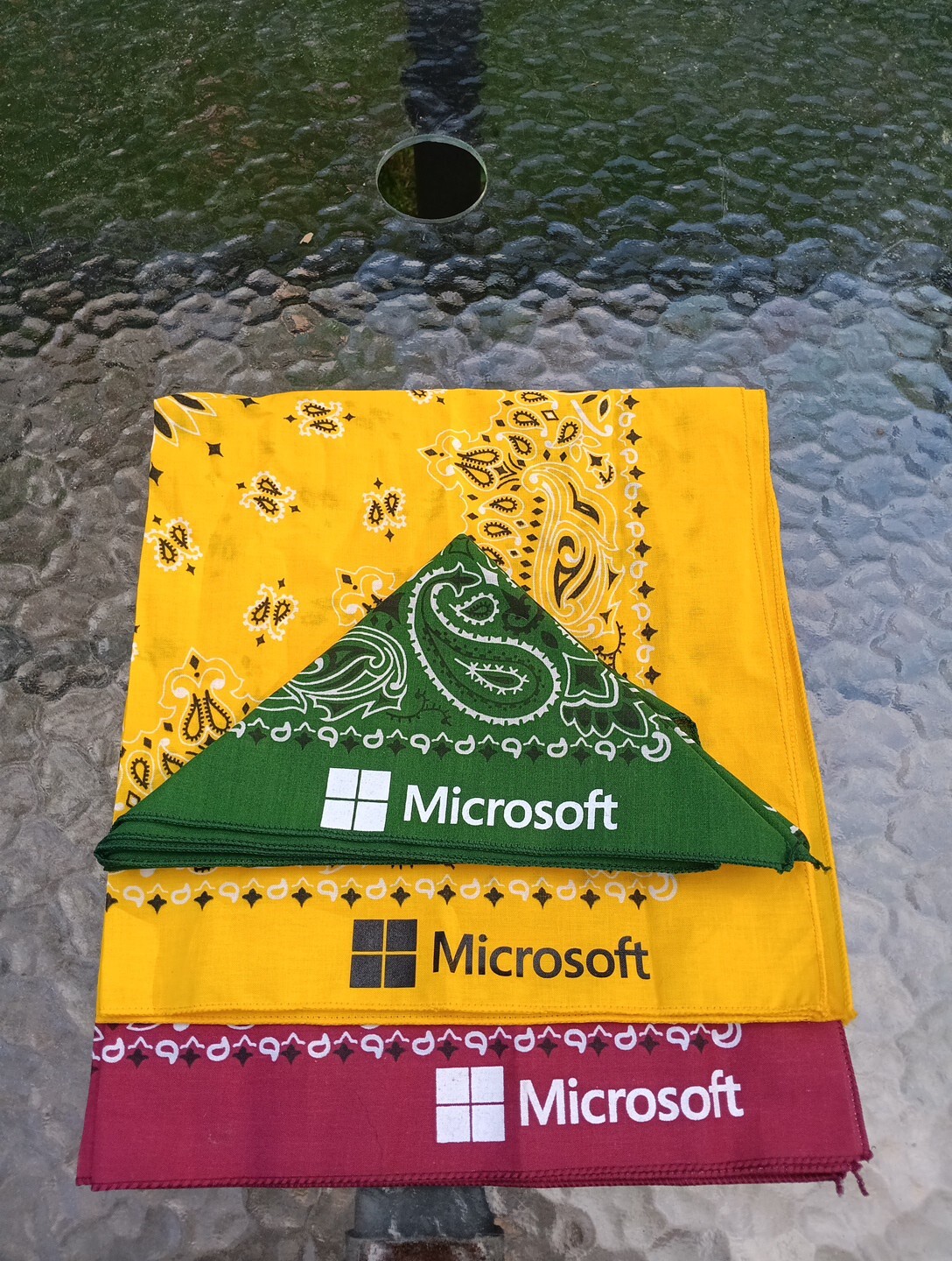 Lot 3 Microsoft Employee Promo Hankerchief Bandana Green Yellow Red Paisley Vtg 