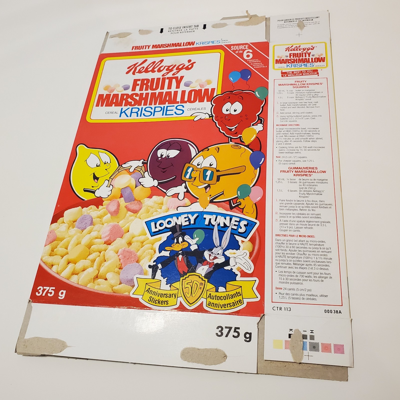 Vintage 1990 1991 Kelloggs Fruity Marshmallow Krispies Cereal Box Looney Tunes 