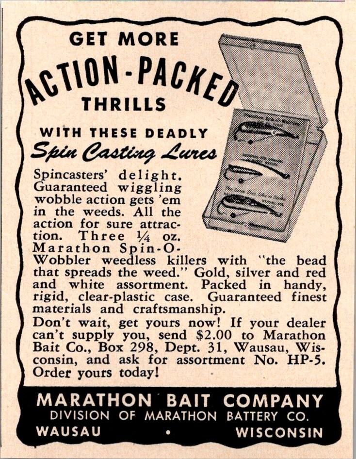 Marathon Bait Company Spin Casting Lures Wausau WI 1955 Ad TAJ5-M7