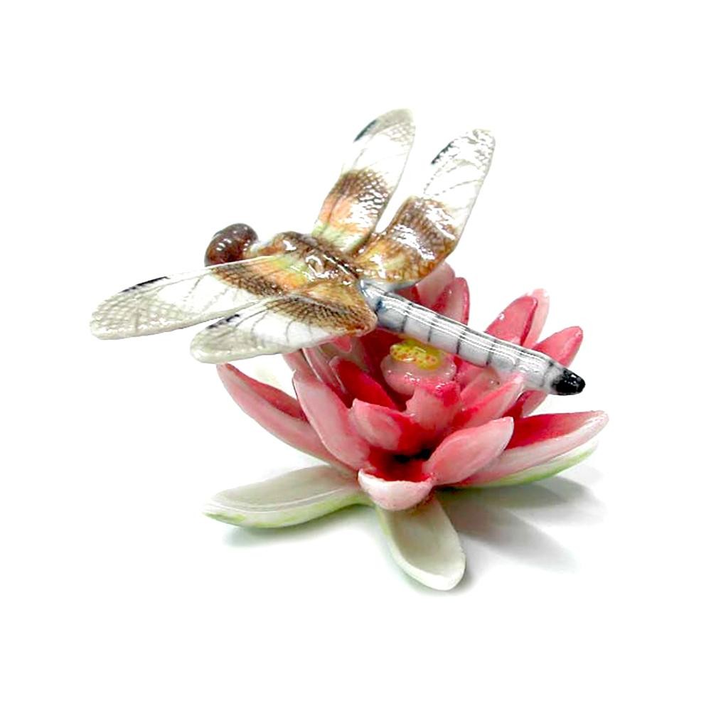 Northern Rose Dragonfly on Pink Water Lily - Miniature Porcelain Figurine