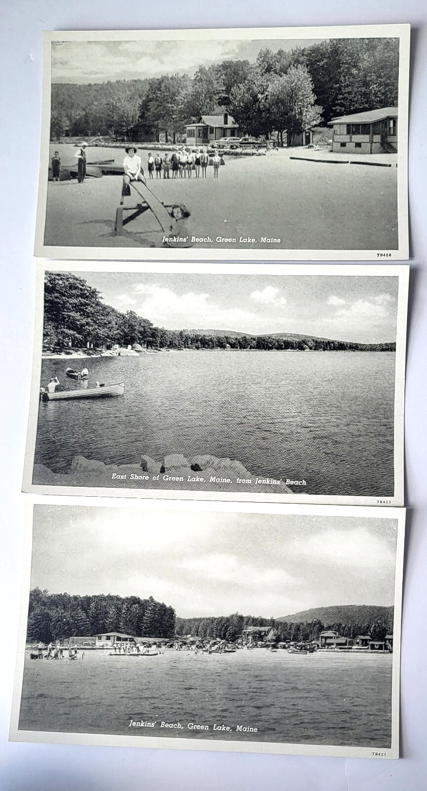 3 VTG 1947 ADVERTISING PC VIEWS JENKINS\' BEACH GREEN LAKE DEDHAM ME MINT