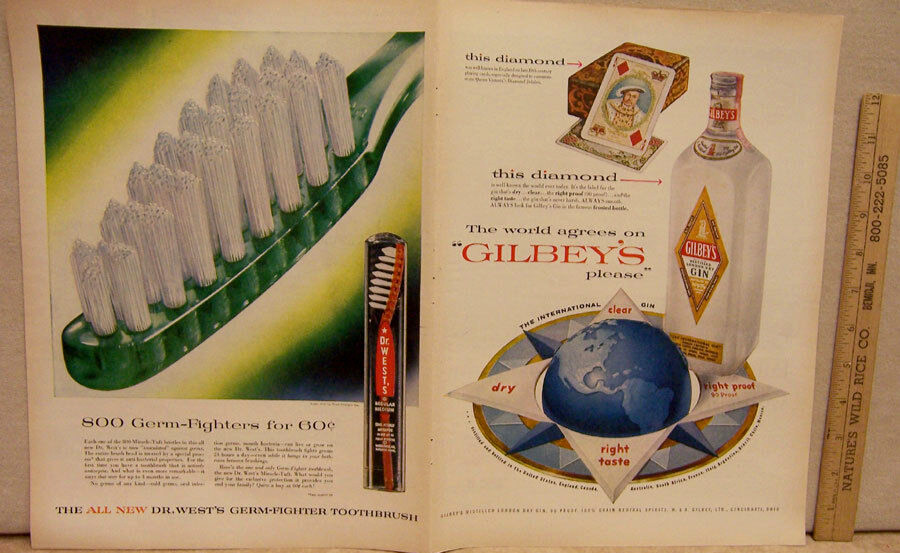 VTG Magazine Ad for Gilbey\'s Gin, Mobil Oil, Wilson Ham & Dr. West\'s Toothbrush