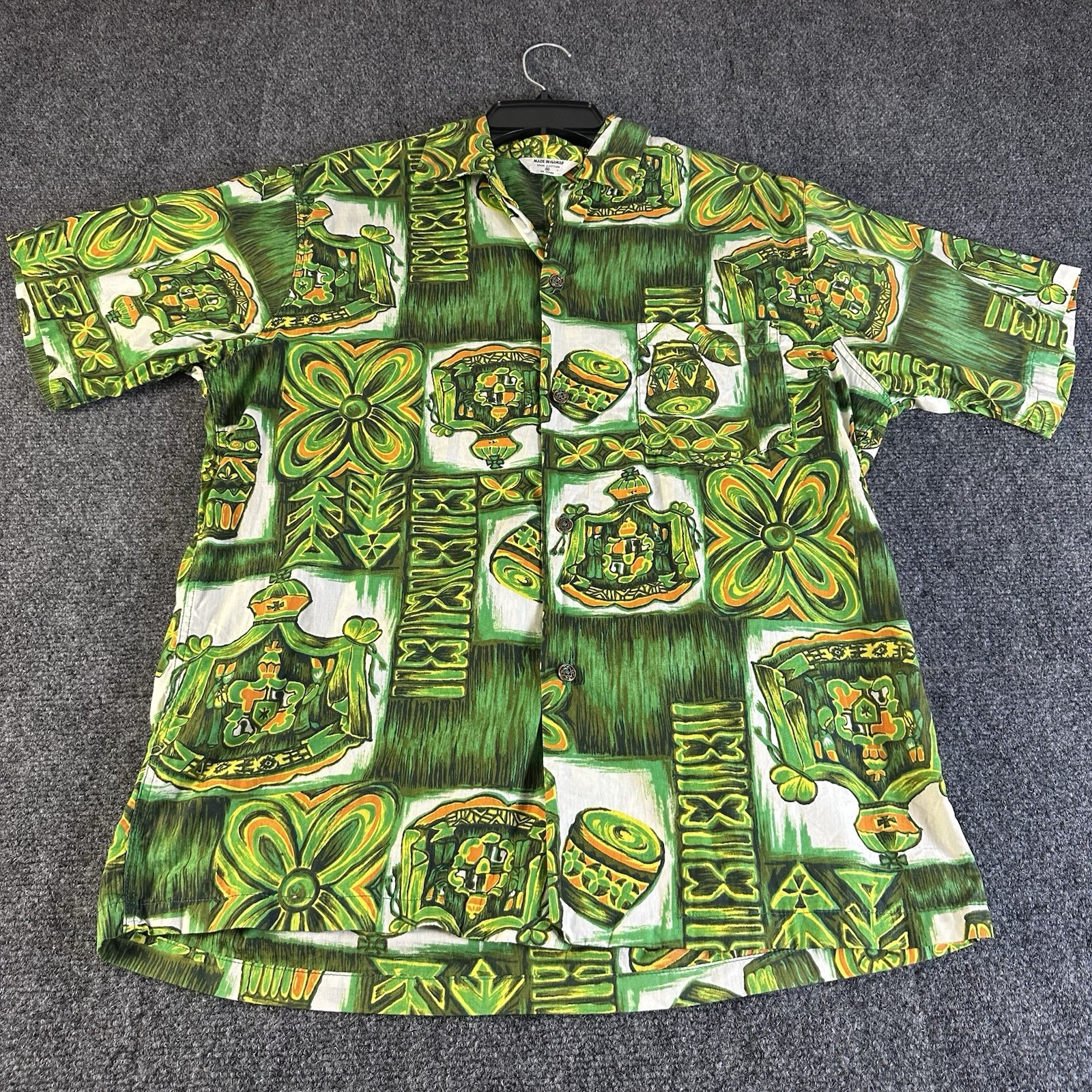 VTG 1960s Tiki Hawaiian Shirt Made In Hawaii Coat Of Arms Drums Green Mens M