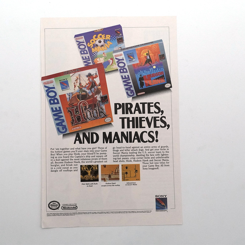 Vintage Sony Nintendo Game Boy Print Ad Hook Hudson Hawk Soccer Mania Wall Art