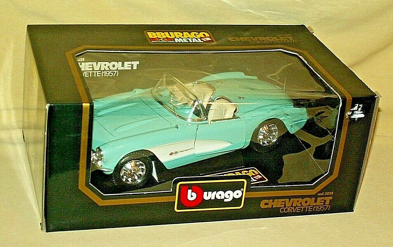 CORVETTE 1957 BBURAGO CHEVY CONVERTIBLE MINT BLUE WHITE COD 3024 DIECAST BURAGO*