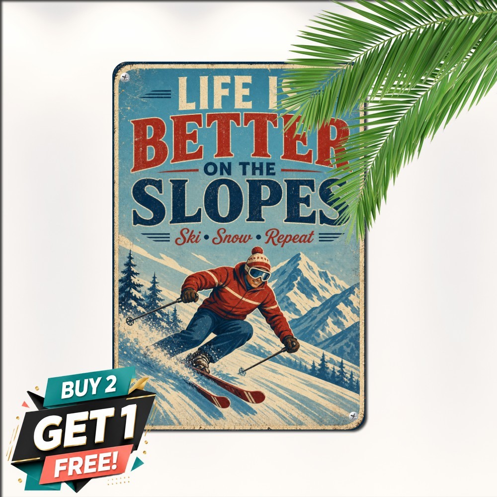 Winter Skiing Snowboarding Life Better Mountain Slopes Metal Tin Sign 8x12