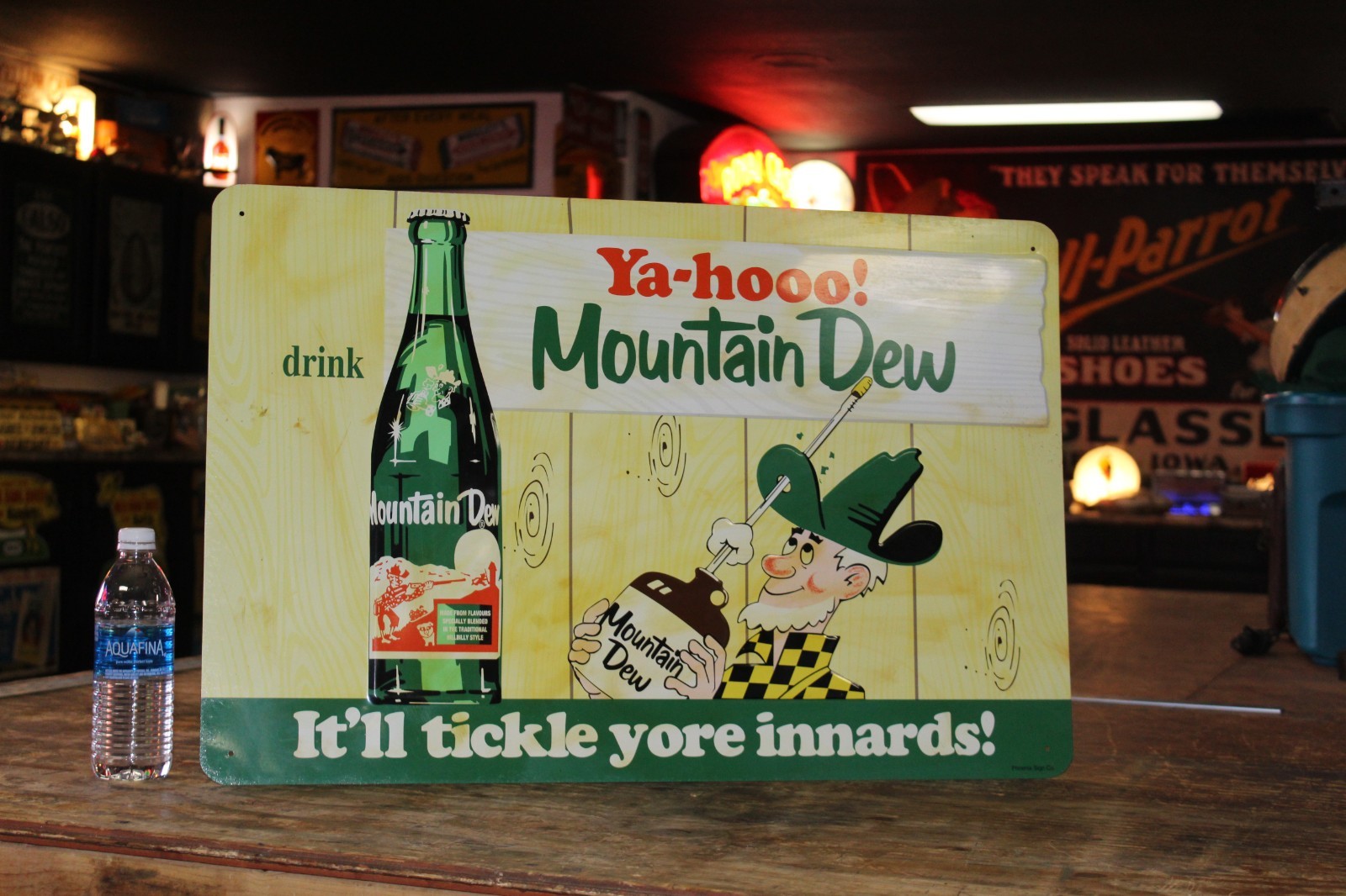SCARCE 1960s MOUNTAIN DEW YA-HOO HILLBILLY EMBOSSED PAINTED METAL DEALER SIGN