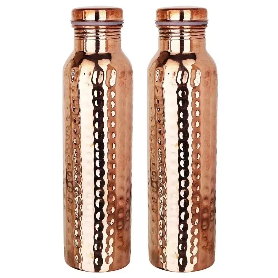 Pure Copper Water Bottle For Ayurveda Health Benefits 1000ml Set of 2 Hammered
