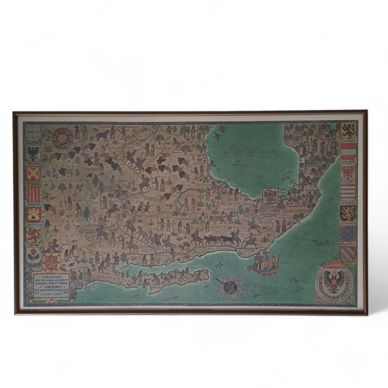 1539-42 Spanish Conquistador Coronado Pictorial Map Don Perceval Lithograph