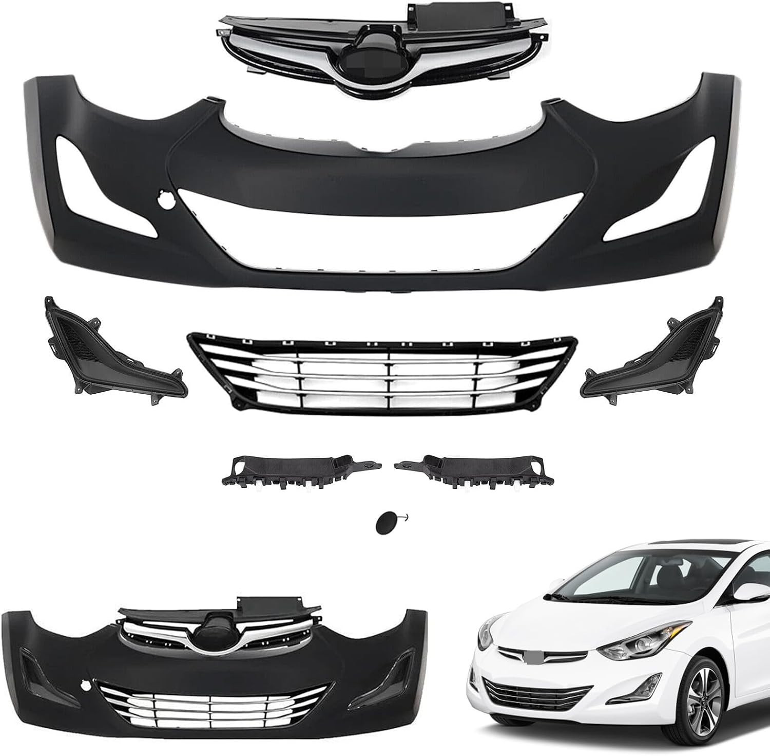 Complete Front Bumper Cover Kit Compatible with 2014-2016 Elantra Sedan, Korea B