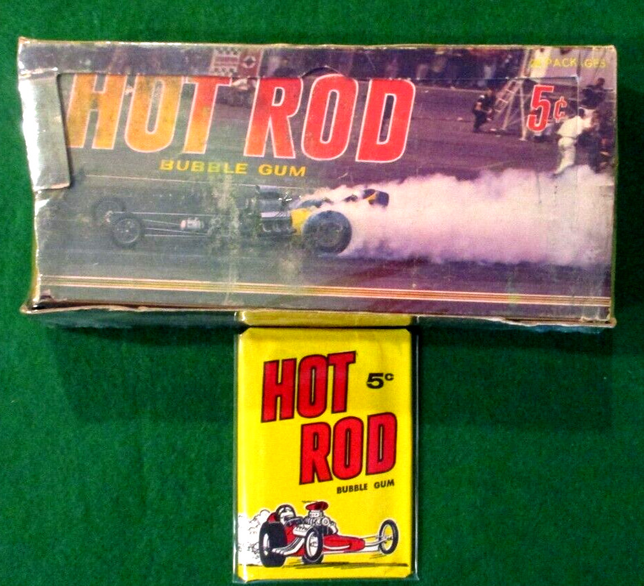 VINTAGE 1965 HOT ROD DONRUSS EMPTY DISPLAY BOX + 1 SEALED WAX PACK WITH CARDS
