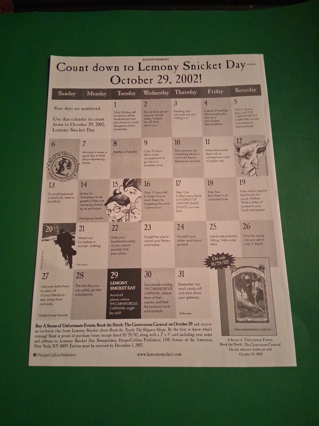 Lemony Snicket Day Count Down Carnivorous Carnival Print Ad 2002 8X11