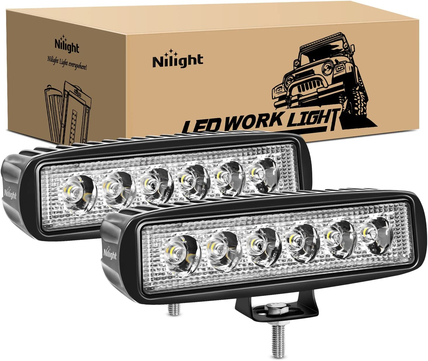 Nilight LED Light Bar 2PCS 18W 6Inch Flood LED Pods Offroad Fog Light Waterproof