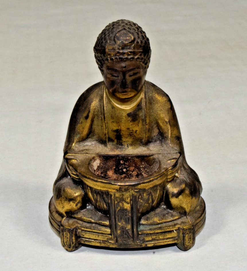 Antique Japanese Gilt Cast Metal Buddha Incense Burner 1920s 1930s 3.5 Inch