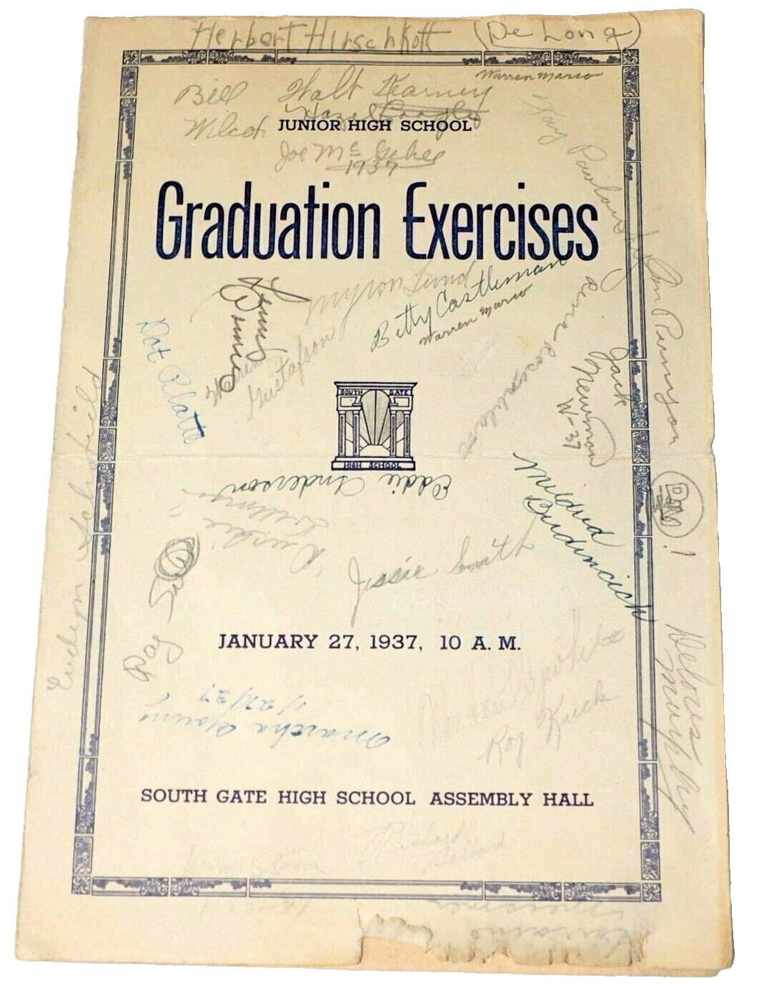 1937 South Gate Jr. High School Graduation Exercises Pprogram Autographed