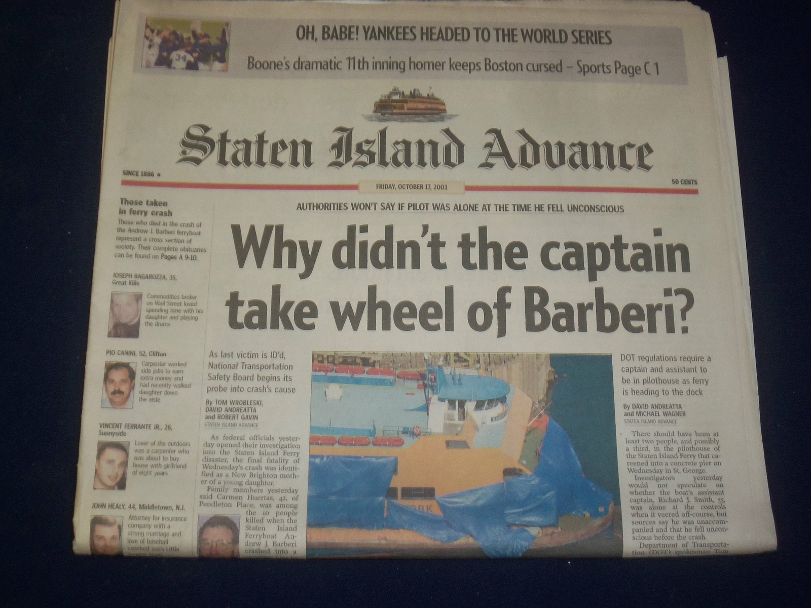 2003 OCT 17 STATEN ISLAND ADVANCE NEWSPAPER-S.I. FERRY INVESTIGATION - NP 4214