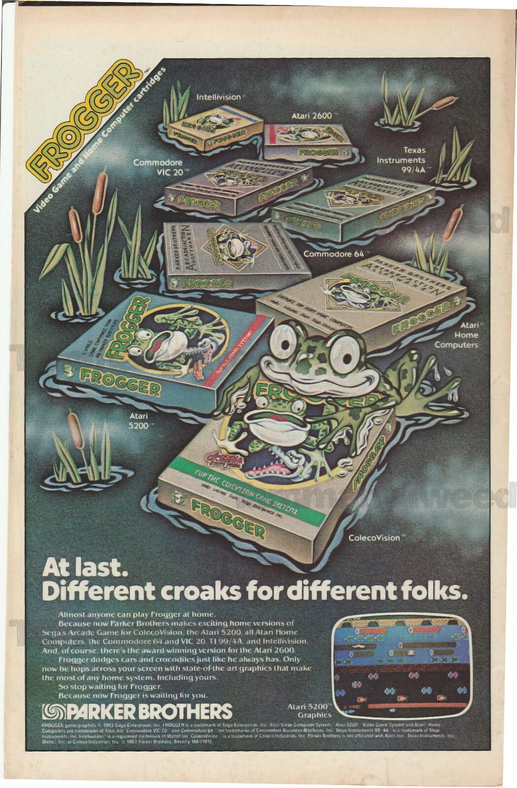 Frogger - Sega, Mattel, Atari Vintage Video Game Print Ad Advertisement 1983 80s