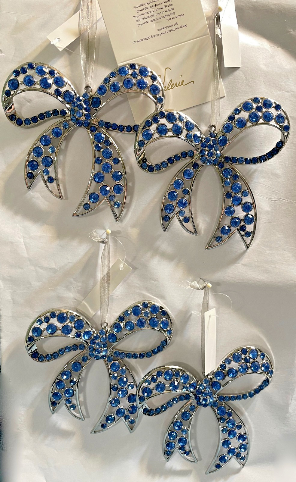 Set of 4 Faceted Jewel Bow Ornaments BLUE by Valerie Parr Hill  NEW Sold Out
