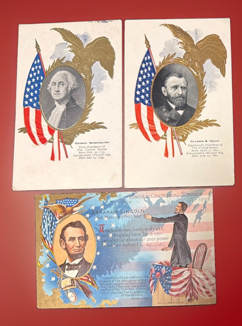 3 Antique Presidential Patriotic Postcards Lincoln Washington Grant 1909