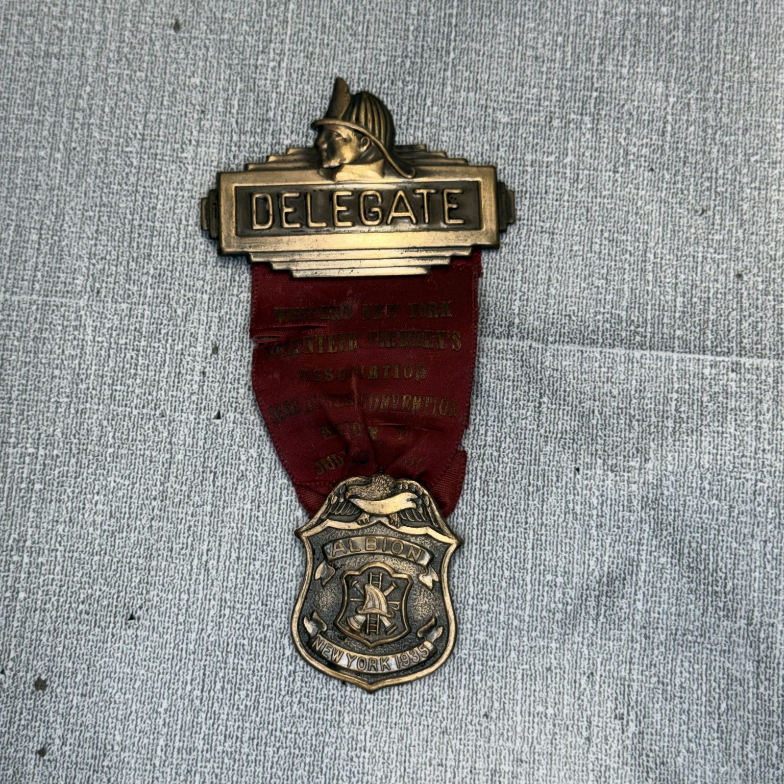 Vintage 1935 Albion NY Volunteer Firemens Delegate Badge Medal