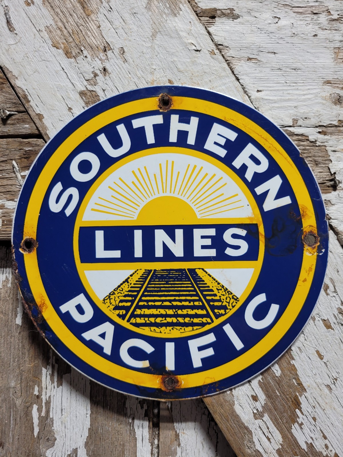 VINTAGE SOUTHERN PACIFIC PORCELAIN SIGN RAILROAD TRAIN STATION RAILWAY PLAQUE