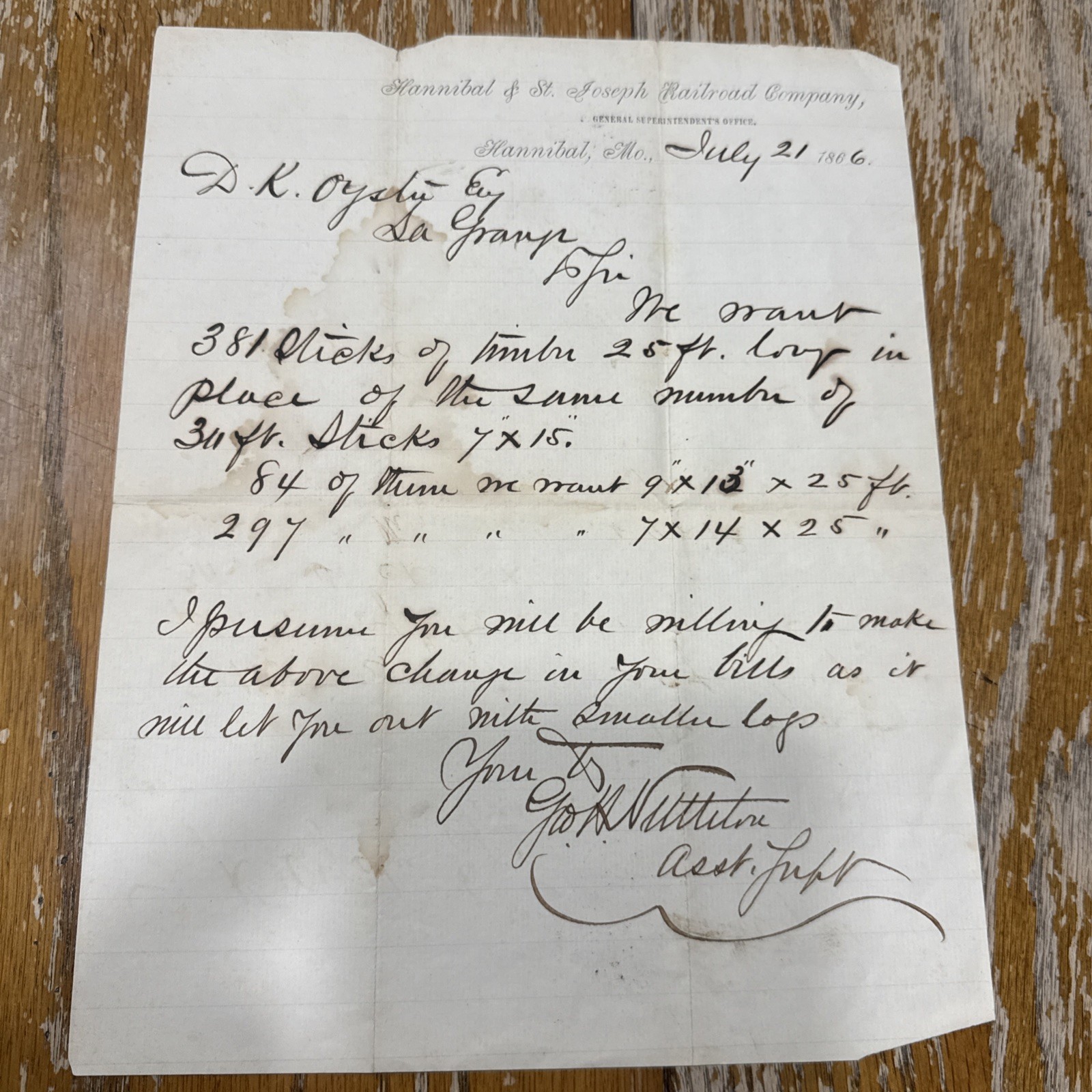Hannibal St Joseph Railroad Co Letter 1866 MO Sign Geo H Nettleton Civil War