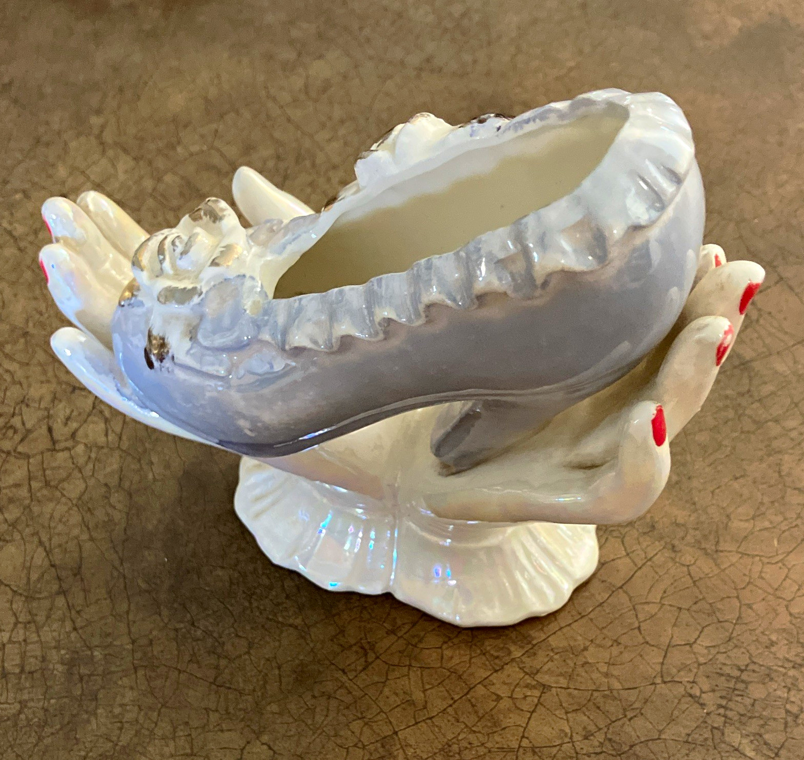 Ceramic Hand Figurine Shoe-Shaped Bowl White/Blue Red Nails Glossy 7 in