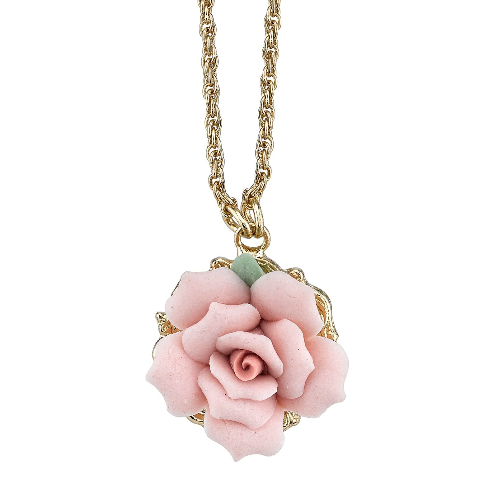 1928 Jewelry Genuine Pink Porcelain Rose Pendant Necklace 16