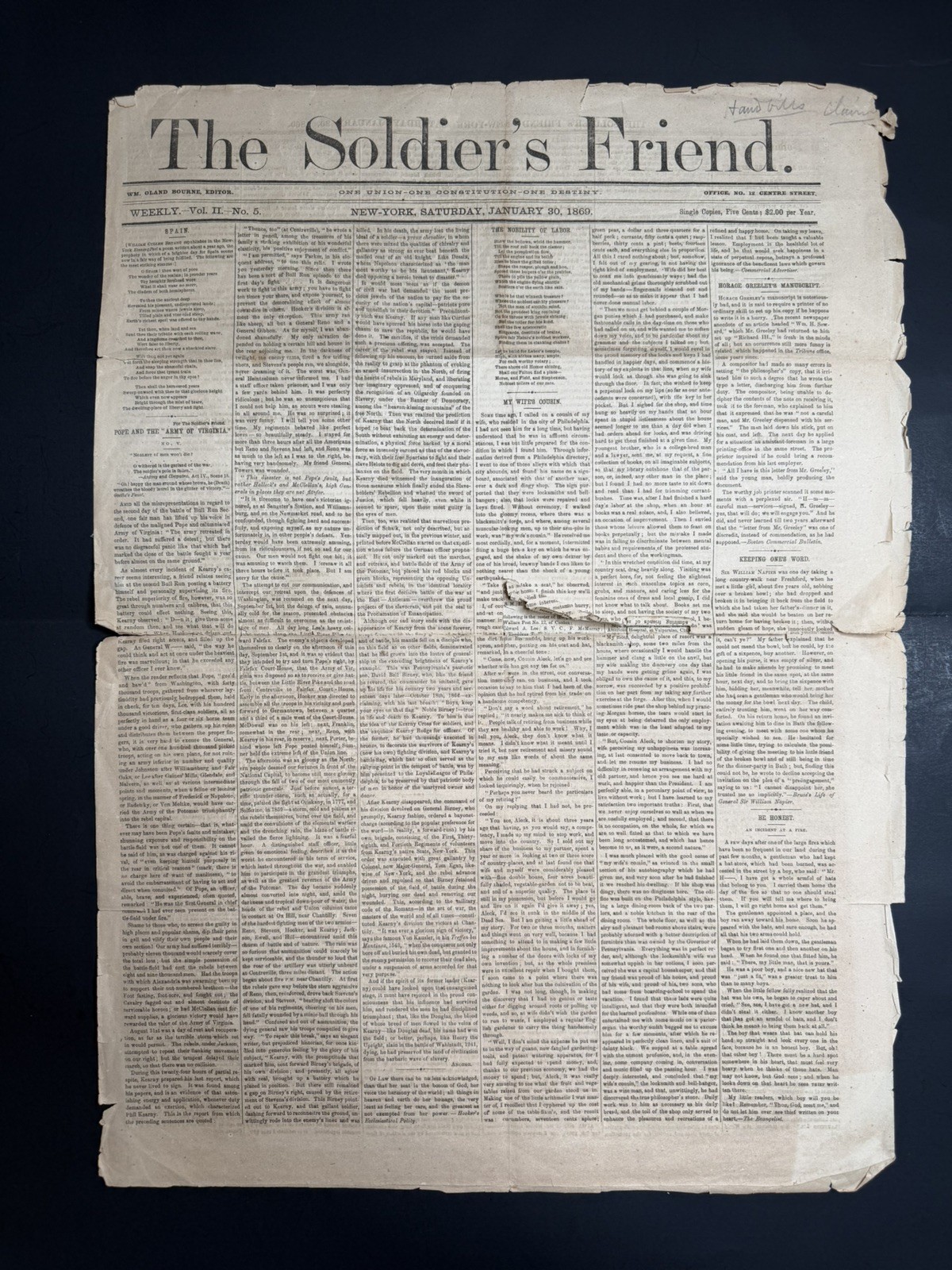 The Soldier's Friend Weekly Newspaper Original Civil War Issue Jan 30 1869