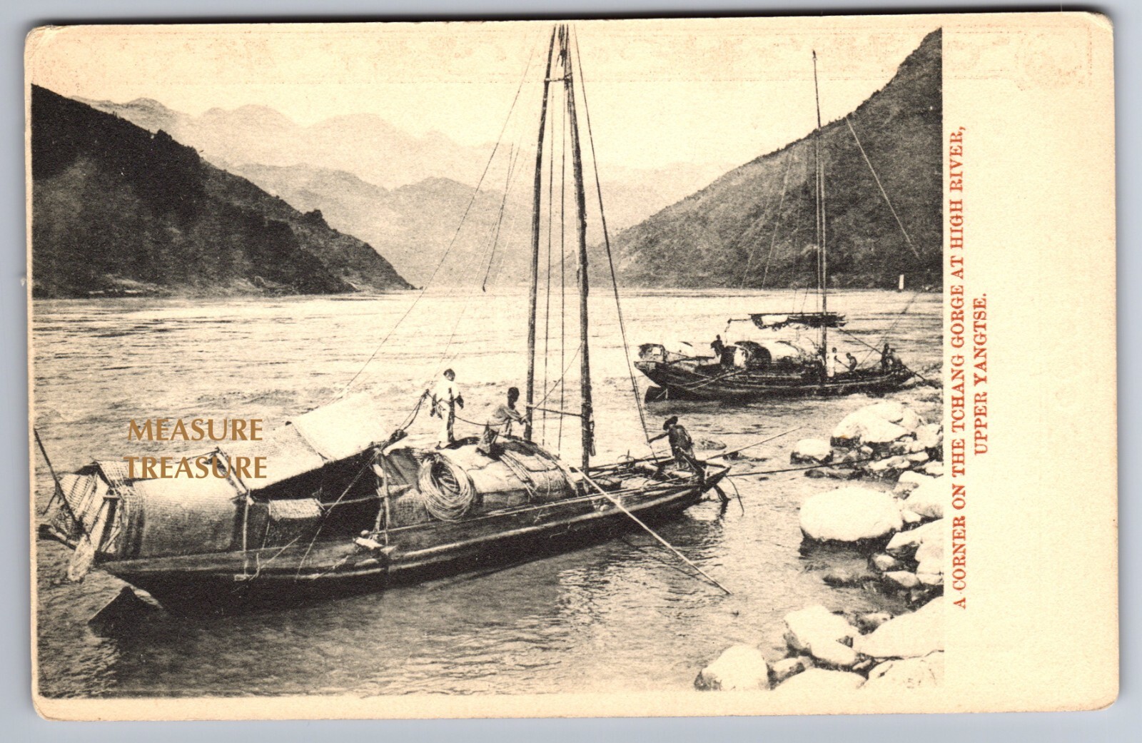 C.1905 CHINA, YANGTZE RIVER, TCHANG GORGE, BOAT, MEN, YIN YANG Postcard P62