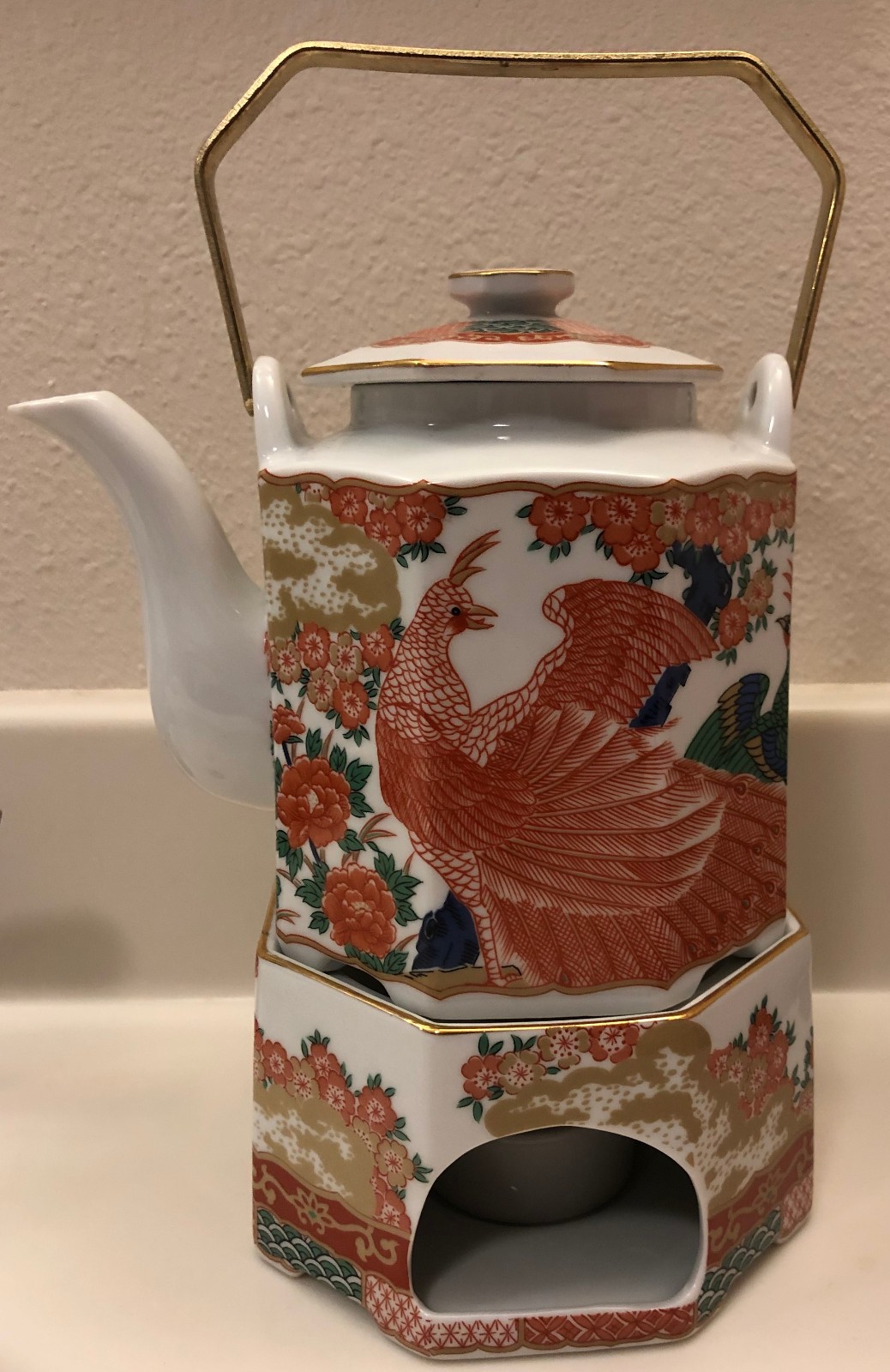 NEW W TAG  Gump\'s Arita Imari Peacock TEAPOT+Lid+Warmer Stand Pheonix Bird Gumps
