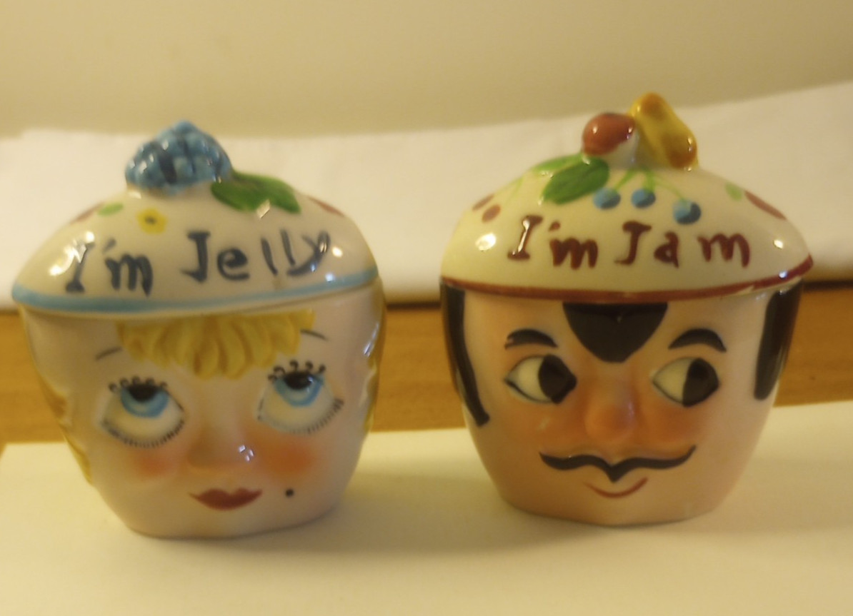 Vintage 1940s Anthropomorphic Man/Woman I'm Jelly - I'm Jam Condiment Jars