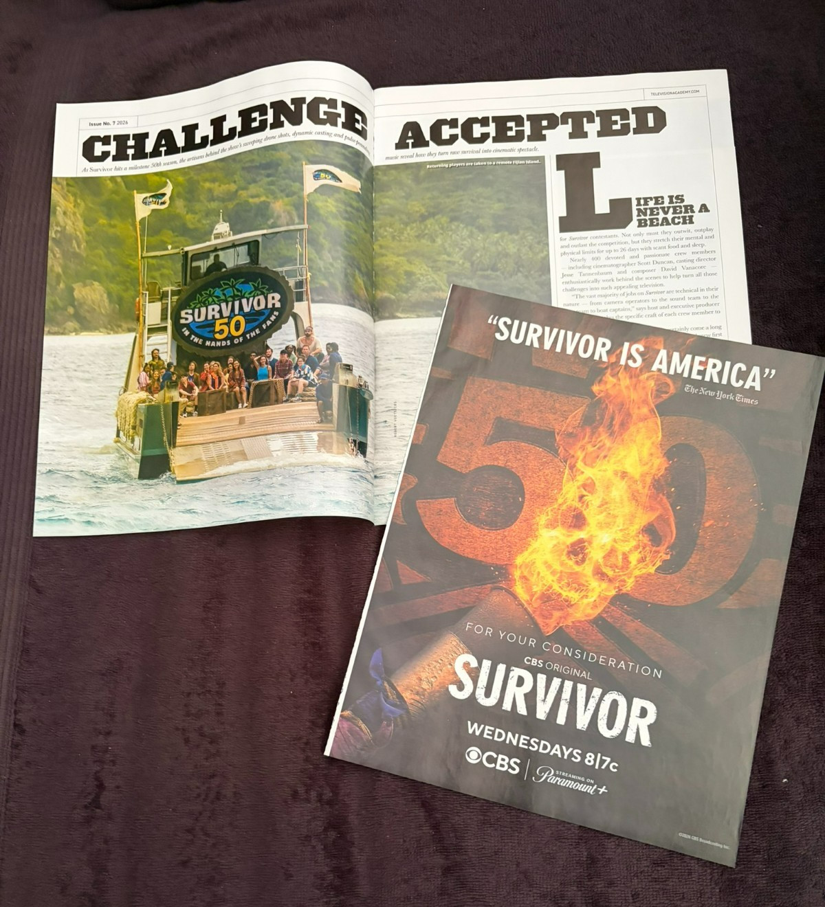 SURVIVOR 50 2026 Emmy ad & article with cast, Jeff Probst, Behind the Scenes