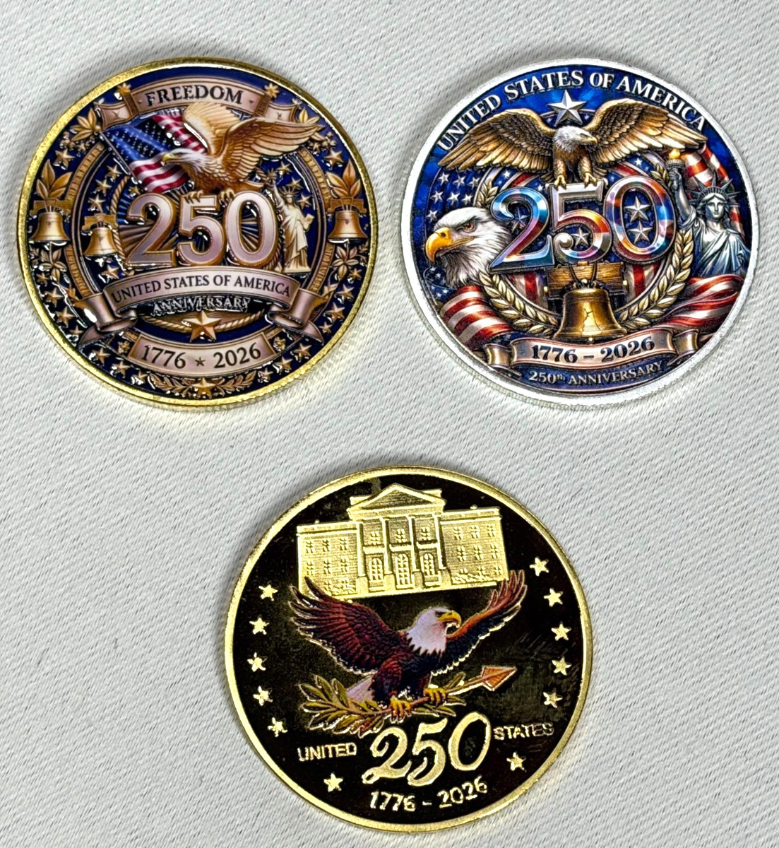 3pc USA 250th Anniversary Challenge Coin Set 1776-2026 Commemorative Medals Lot