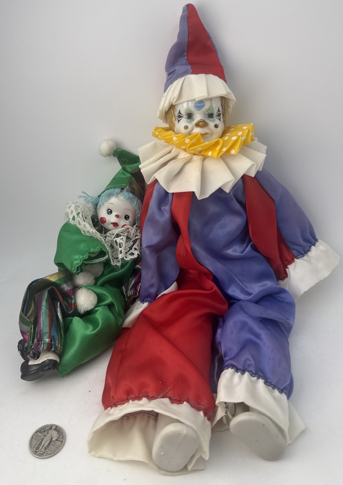 Lot Of 2 VTG 15”+10” Porcelain Face/Hands/Feet Perot Style Clowns W/ Tear Drop
