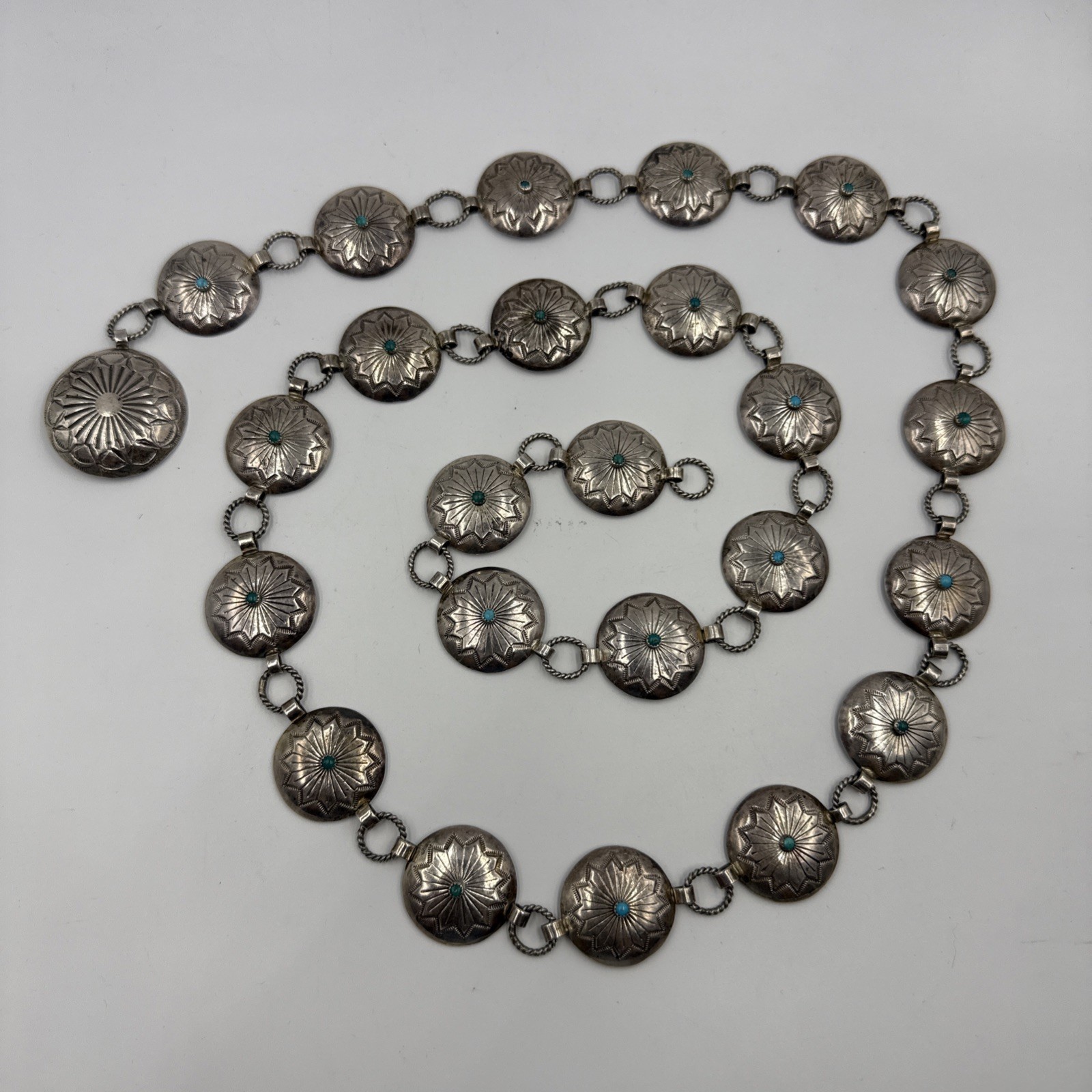 Vintage Navajo 46” Concho Belt 925 Sterling Silver w/Turquoise Cabochons 159g